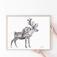 Charger l'image dans la galerie, cute drawing tsaatan native mongol girl on reindeer magestic