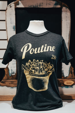 charcoal t shirt poutine vintage green quebec gravy french fries cheese curds tee shirt poutine canada national dish meal plat national canada quebec montréal hand printed gris charbon anthracite
