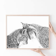Charger l&#39;image dans la galerie, lynx in love drawing black and white cute animals handmade 
