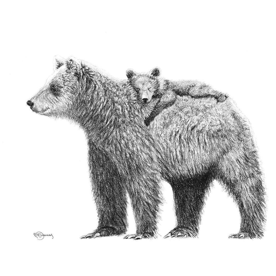 maman grizzly et ourson mignon adorable dessin noir et blanc