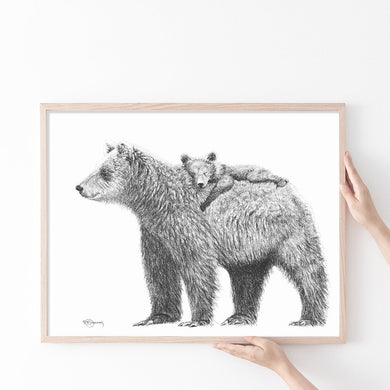 mama bear with cub black and white drawing cute together