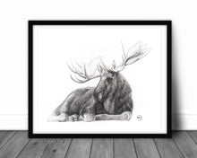 Charger l&#39;image dans la galerie, wall art frame moose black and white drawing handmade quebec

