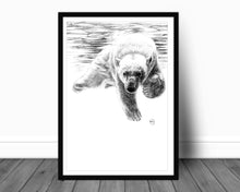 Charger l&#39;image dans la galerie, swimming polar bear save the ice underwater polar bear drawing image picture illustration black and white wall art home decor
