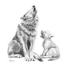 Charger l&#39;image dans la galerie, drawing blakc and white mama wolf and cub cute animals moon light
